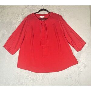 Agnes Orinda Women's 2x Round Neck Tie Front Ruffle Chiffon Red Tunic Blouse